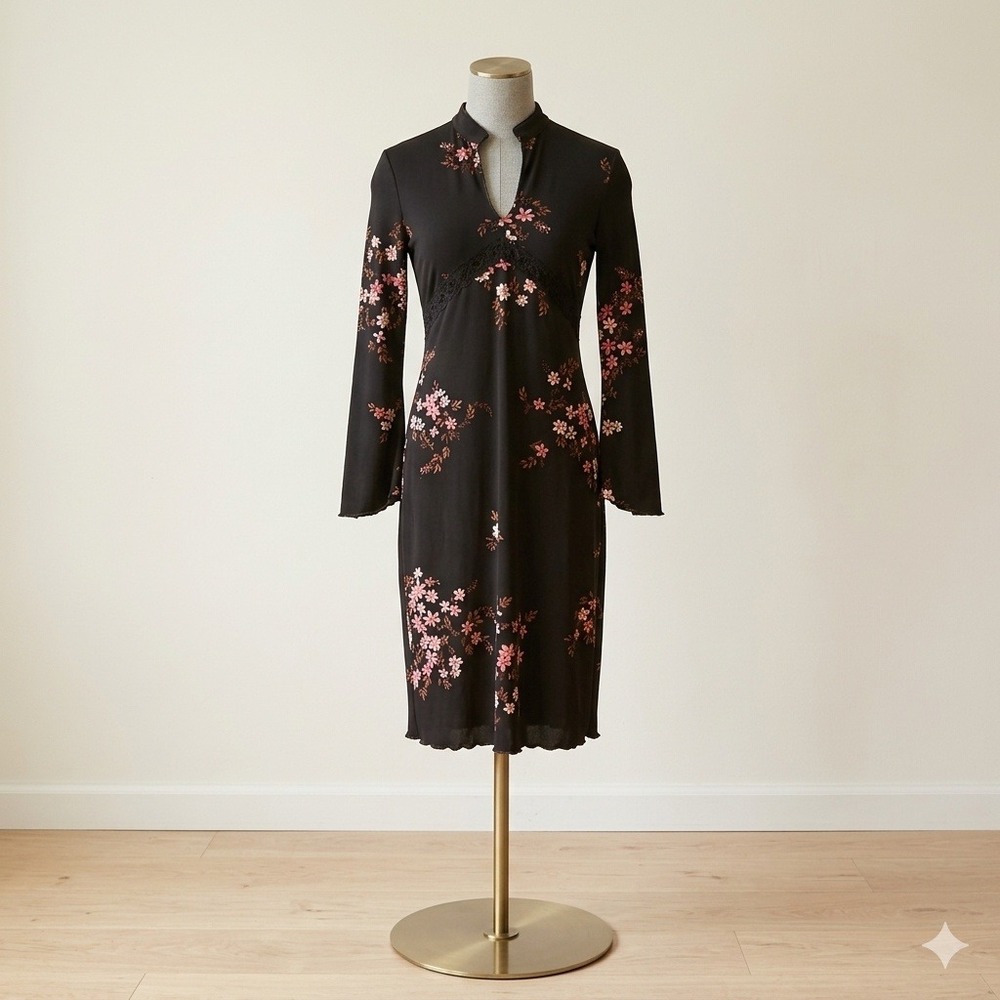 RAG Vintage Black Floral Lace Bell Sleeve Midi Dress Size S Y2K 90s Whimsigoth